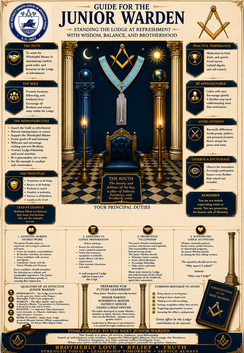 Guide for the Next Junior Warden showing a Masonic Junior Warden standing in the South with wisdom, balance, and brotherhood