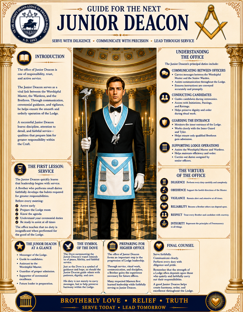 Guide for the Next Junior Deacon showing a Masonic Junior Deacon serving with diligence and guiding candidates with care