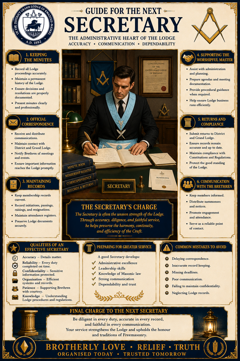 Masonic Secretary seated at a desk writing in a minute book, symbolising accuracy, communication, dependability, and service to the Lodge.