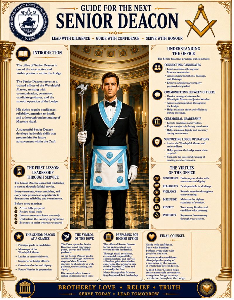 Guide for the Next Senior Deacon showing a Masonic Senior Deacon guiding candidates with confidence and honour