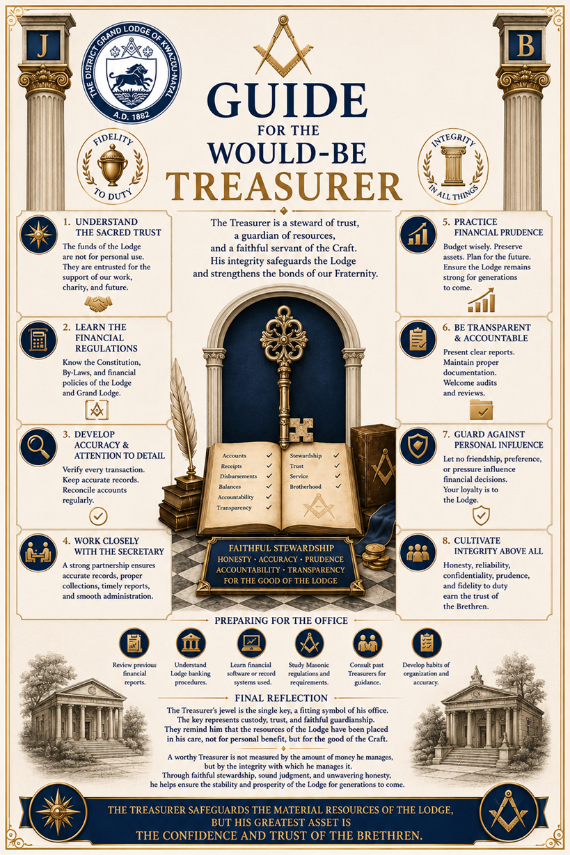 Guide for the Next Treasurer showing a Masonic Treasurer safeguarding Lodge records, accounts, and financial trust
