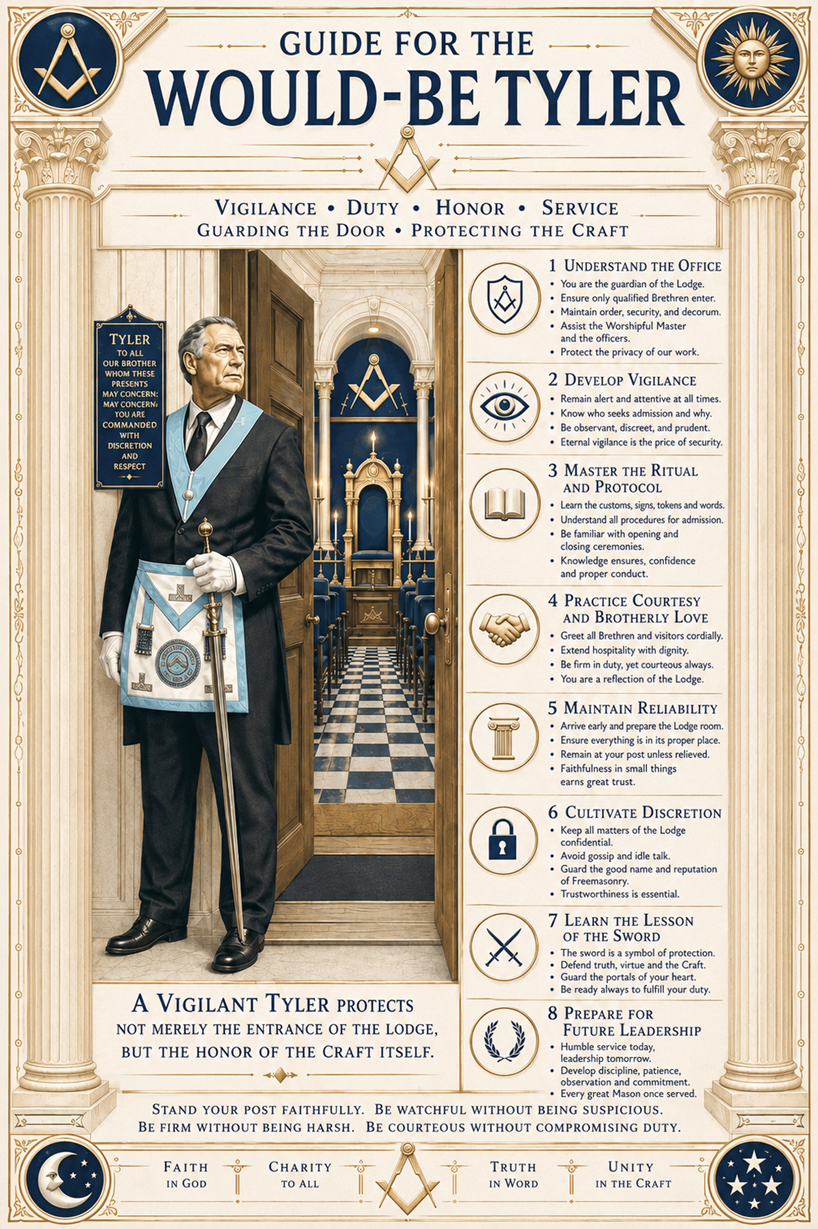Masonic Tyler standing at the lodge door, representing vigilance, duty and guardianship in Freemasonry