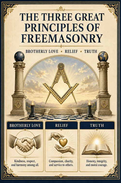 Three Great Principles of Freemasonry showing Brotherly Love, Relief, and Truth as the moral foundation of the Craft